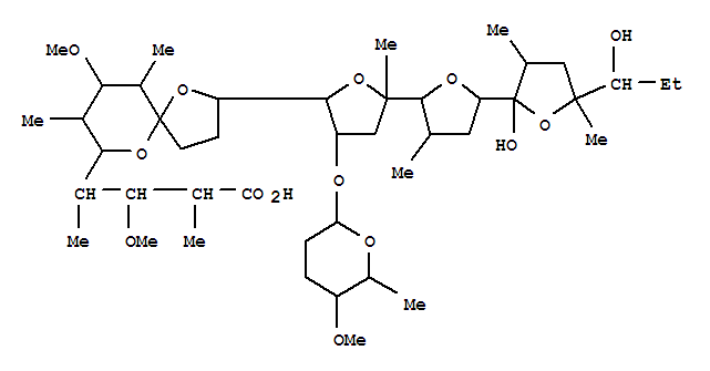 Monensin,21,25-deepoxy-16-deethyl-25-de(hydroxymethyl)-12-demethyl-21,24-epoxy-25-ethyl-21-hydroxy-8,16-dimethyl-7-O-methyl-14-[(tetrahydro-5-methoxy-6-methyl-2H-pyran-2-yl)oxy]-,[8R,14R(2S,5S,6R),21S,24S,25R]-