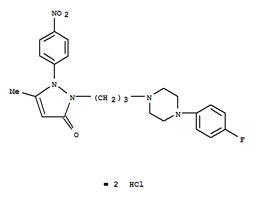 1,2-DIHYDRO-2-(3-(4-(4-FLUOROPHENYL)-(PIPERAZIN-1-YL))PROPYL)-5-METHYL-1-(4-NITROPHENYL)-3H-PYRAZOL-3-ONE 2HCL molecular structure