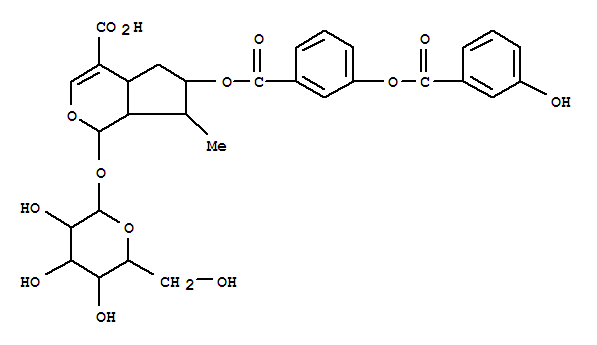 Cyclopenta[c]pyran-4-carboxylicacid, 1-(b-D-glucopyranosyloxy)-1,4a,5,6,7,7a-hexahydro-6-[[3-[(3-hydroxybenzoyl)oxy]benzoyl]oxy]-7-methyl-,[1S-(1a,4aa,6b,7a,7aa)]- molecular structure