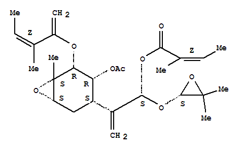 2-Butenoicacid, 2-methyl-,2-[4-(acetyloxy)-6-methyl-5-[(2-methyl-1-methylene-2-butenyl)oxy]-7-oxabicyclo[4.1.0]hept-3-yl]-1-[(3,3-dimethyloxiranyl)oxy]-2-propenylester, [1S-[1a,3b[1R*(Z),1(R*)],4b,5b(Z),6a]]- molecular structure
