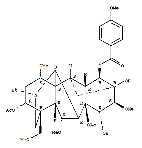 (1alpha,3alpha,6alpha,10alpha,13alpha,14alpha,15alpha,16beta,17xi)-3,8-bis(acetyloxy)-20-ethyl-13,15-dihydroxy-1,6,16-trimethoxy-4-(methoxymethyl)aconitan-14-yl 4-methoxybenzoate molecular structure
