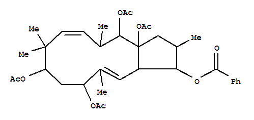 3aH-Cyclopentacyclododecene-1,3a,4,9,11-pentol,1,2,3,4,5,8,9,10,11,13a-decahydro-2,5,8,8,12-pentamethyl-,3a,4,9,11-tetraacetate 1-benzoate,[1S-(1R*,2R*,3aS*,4S*,5R*,6E,9S*,11S*,12E,13aR*)]- molecular structure