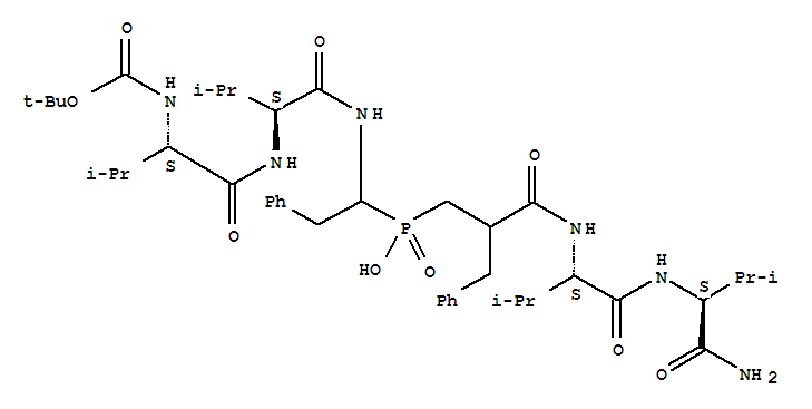 (3-{[(2S)-1-{[(2S)-1-amino-3-methyl-1-oxobutan-2-yl]amino}-3-methyl-1-oxobutan-2-yl]amino}-2-benzyl-3-oxopropyl)[(6S,9S)-2,2-dimethyl-4,7,10-trioxo-13-phenyl-6,9-di(propan-2-yl)-3-oxa-5,8,11-triazatridecan-12-yl]phosphinic acid  molecular structure