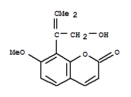 2H-1-Benzopyran-2-one,8-[1-(hydroxymethyl)-2-methyl-1-propen-1-yl]-7-methoxy- molecular structure