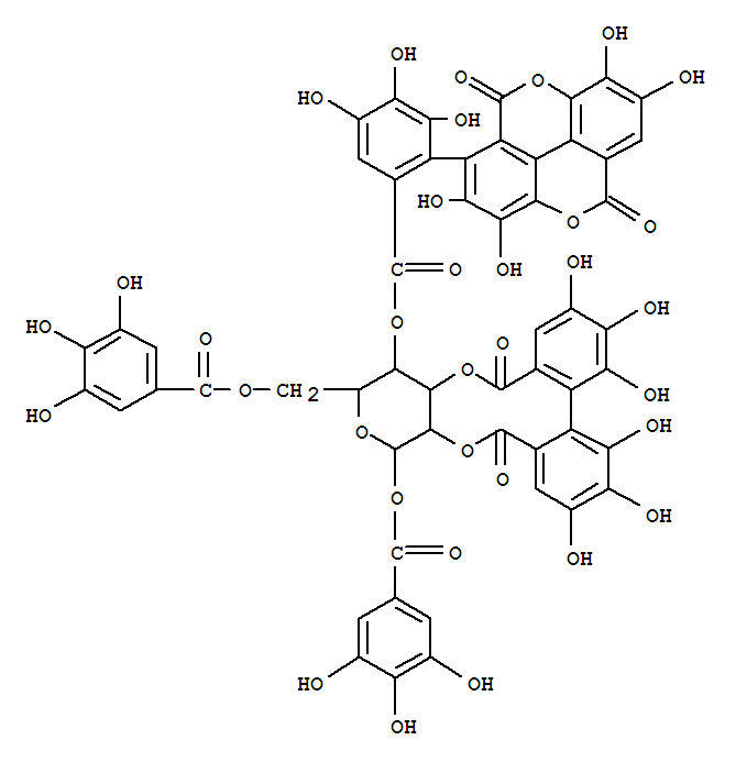a-D-Glucopyranose, cyclic2,3-(4,4',5,5',6,6'-hexahydroxy[1,1'-biphenyl]-2,2'-dicarboxylate)4-[2-(5,10-dihydro-2,3,7,8-tetrahydroxy-5,10-dioxo[1]benzopyrano[5,4,3-cde][1]benzopyran-1-yl)-3,4,5-trihydroxybenzoate]1,6-bis(3,4,5-trihydroxybenzoate), [2(S),4(S molecular structure