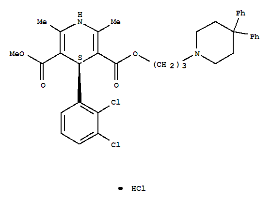 3,5-Pyridinedicarboxylicacid, 4-(2,3-dichlorophenyl)-1,4-dihydro-2,6-dimethyl-,3-(4,4-diphenyl-1-piperidinyl)propyl methyl ester, monohydrochloride, (S)- molecular structure