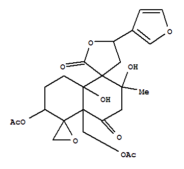 Dispiro[furan-3(2H),1'(5'H)-naphthalene-5',2''-oxirane]-2,4'(4'aH)-dione,6'-(acetyloxy)-4'a-[(acetyloxy)methyl]-5-(3-furanyl)octahydro-2',8'a-dihydroxy-2'-methyl-,[1'R-[1'a(S*),2'b,4'aa,5'a,6'b,8'ab]]- molecular structure
