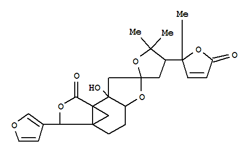 Spiro[furan-2(3H),7'(4'H)-[1H,3H-3a,8b]methanobenzo[1,2-b:3,4-c']difuran]-1'-one,4-(2,5-dihydro-2-methyl-5-oxo-2-furanyl)-3'-(3-furanyl)hexahydro-8'a-hydroxy-5,5-dimethyl-,[3'S-[3'a,3'ab,5'ab,7'b[R*(R*)],8'ab,8'bb]]- molecular structure