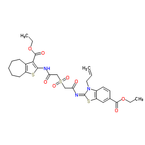 ethyl (2E)-2-({[(2-{[3-(ethoxycarbonyl)-5,6,7,8-tetrahydro-4H-cyclohepta[b]thiophen-2-yl]amino}-2-oxoethyl)sulfonyl]acetyl}imino)-3-prop-2-en-1-yl-2,3-dihydro-1,3-benzothiazole-6-carboxylate molecular structure