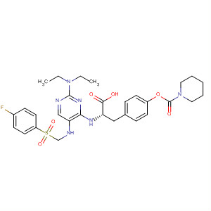 1-Piperidinecarboxylic acid,4-[(2S)-2-carboxy-2-[[2-(diethylamino)-5-[[(4-fluorophenyl)sulfonyl]methylamino]-4-pyrimidinyl]amino]ethyl]phenyl ester molecular structure