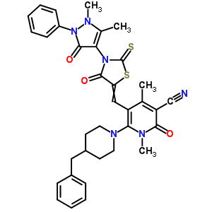 6-(4-benzylpiperidin-1-yl)-5-{[3-(1,5-dimethyl-3-oxo-2-phenyl-2,3-dihydro-1H-pyrazol-4-yl)-4-oxo-2-thioxo-1,3-thiazolidin-5-ylidene]methyl}-1,4-dimethyl-2-oxo-1,2-dihydropyridine-3-carbonitrile