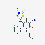 1-butyl-5-[(3-ethyl-4-oxo-2-sulfanylidene-1,3-thiazolidin-5-ylidene)methyl]-4-methyl-6-(3-methylpiperidin-1-yl)-2-oxopyridine-3-carbonitrile molecular structure