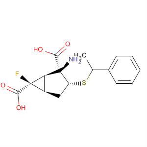 Bicyclo[3.1.0]hexane-2,6-dicarboxylic acid,2-amino-6-fluoro-3-[(1-phenylethyl)thio]-, (1R,2S,3R,5R,6R)- molecular structure