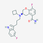 2H-1-Benzopyran-5-carboxamide, 3-[cyclobutyl[3-(5-fluoro-1H-indol-3-yl)propyl]amino]-8-fluoro-3,4-dihydro-, (3R)- molecular structure