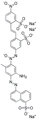trisodium 5-[[2-amino-5-methyl-4-[[4-[2-(4-nitro-2-sulphonatophenyl)vinyl]-3-sulphonatophenyl]azoxy]phenyl]azo]naphthalene-1-sulphonate molecular structure