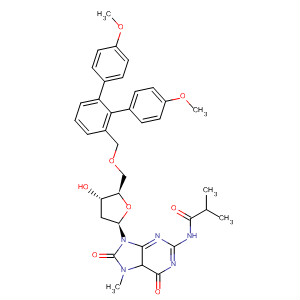 Guanosine,5'-O-[bis(4-methoxyphenyl)phenylmethyl]-2'-deoxy-7,8-dihydro-7-methyl-N-(2-methyl-1-oxopropyl)-8-oxo- molecular structure