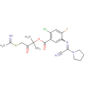 Benzoic acid,2-chloro-5-[(cyano-1-pyrrolidinylmethylene)amino]-4-fluoro-,3-[(1-iminoethyl)thio]-1,1-dimethyl-2-oxopropyl ester molecular structure